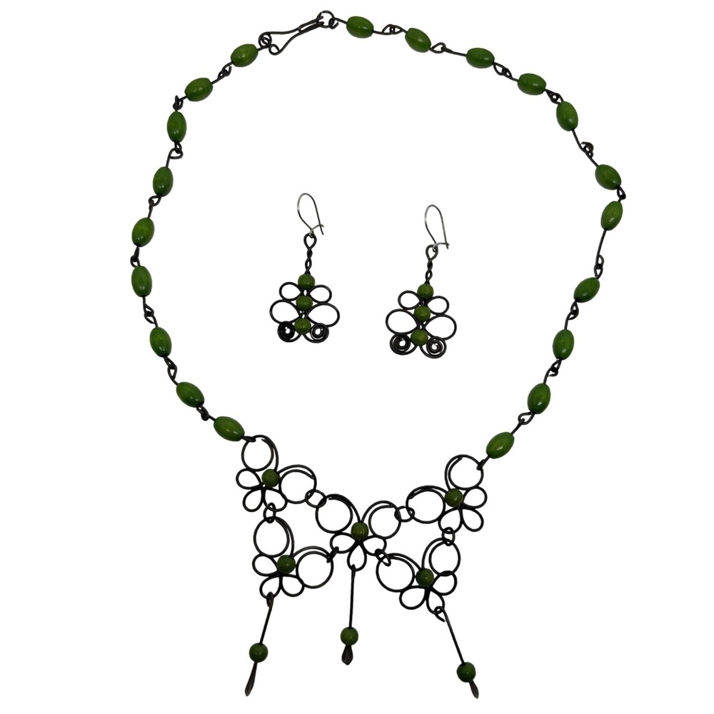 1970s Rare Green Beaded Necklace and Earrings Set, Wire Wrapped Jewelry